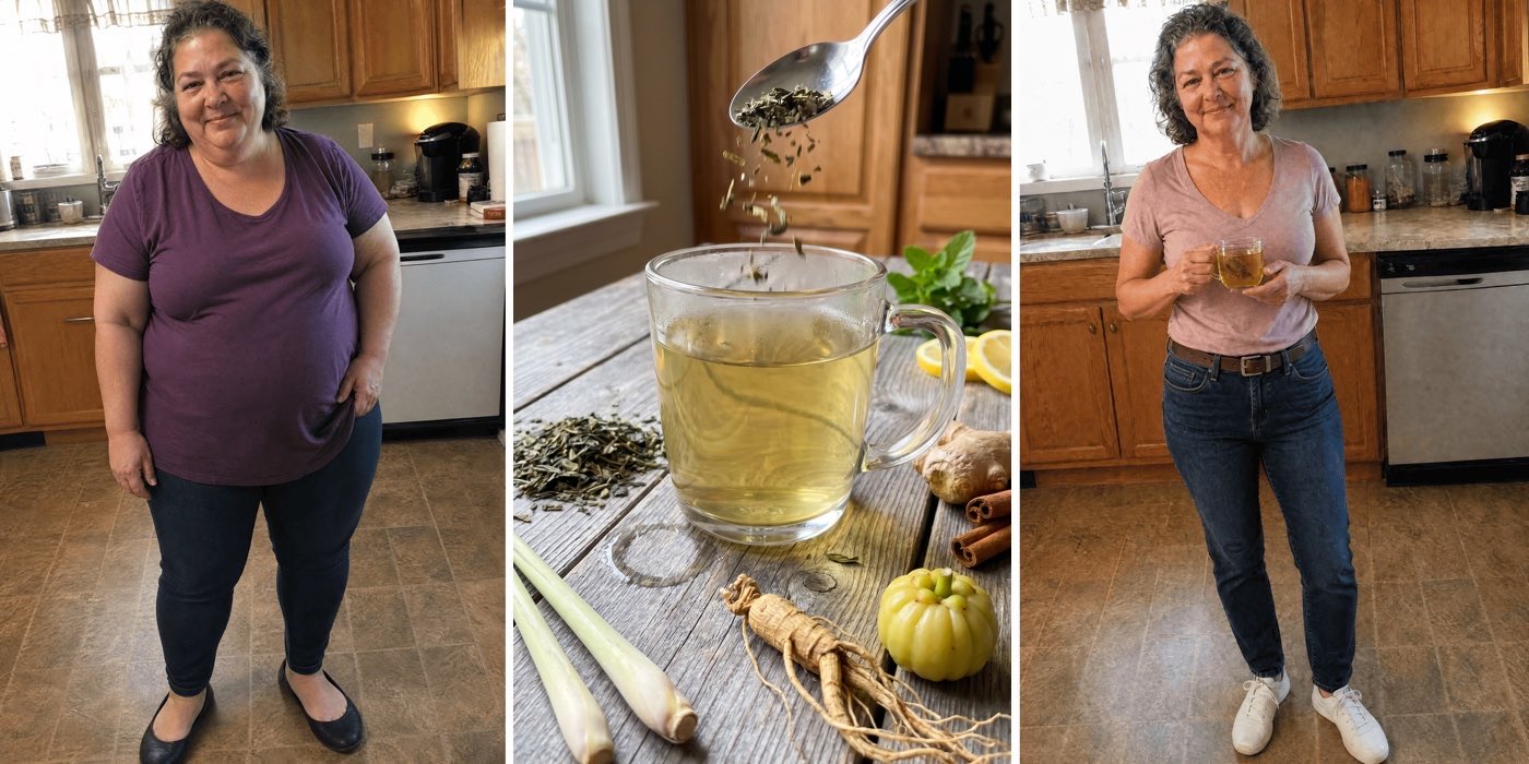Three-panel before-and-after: a heavyset woman ~55 sitting defeated on her couch by a bathroom scale; a close-up of a golden-green herbal tea in a glass mug with hibiscus, ginger and citrus; the same woman now slim and glowing in a sunny kitchen holding the same mug of tea.