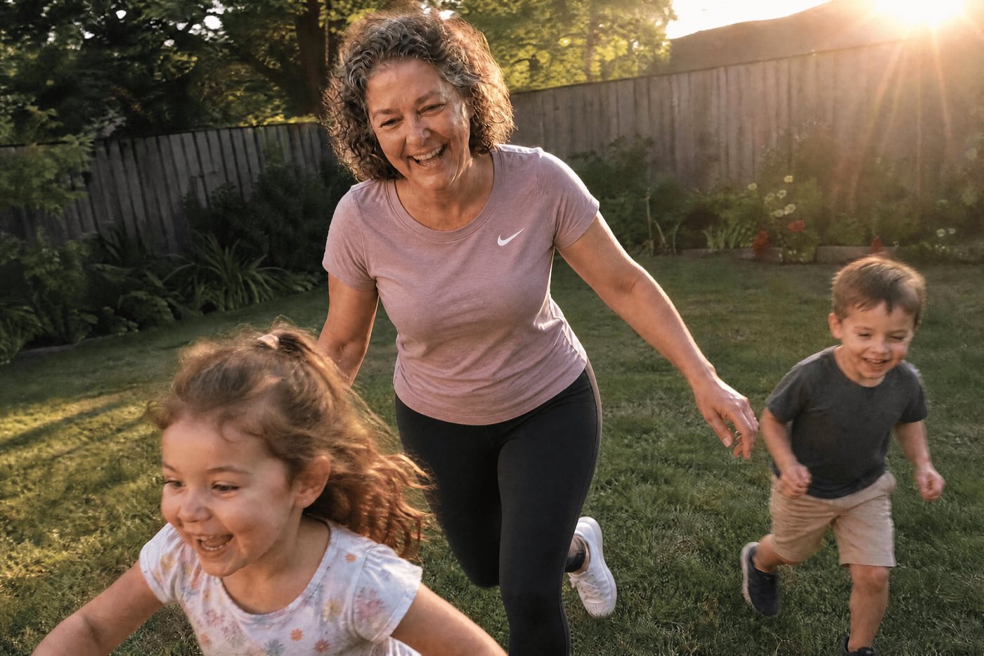 A slim, joyful woman ~54 laughing outdoors in a sunny backyard, mid-motion playing and chasing two young grandchildren on a green lawn. Bright, warm, golden-hour light. She wears fitted normal clothes and looks vibrant and free.